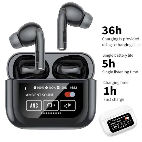 A9 Pro Airpods Wireless Earbuds with Touchscreen | Bluetooth 5.4 | ANC/ENC Noise Cancellation | 36H Battery | IPX5 Waterproof