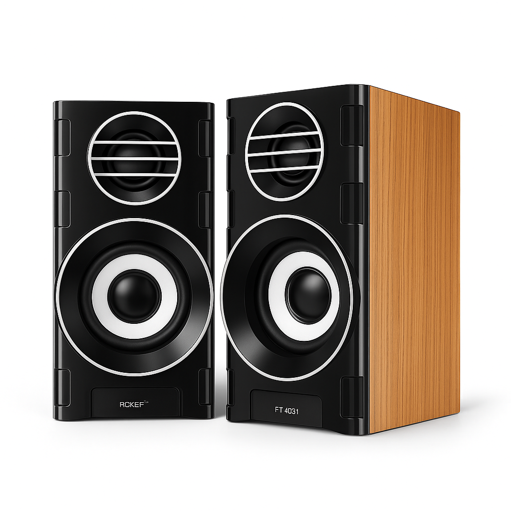Realistic 3D black FT-2031 USB-powered speakers with 2-inch driver unit and rainbow LED lights, designed for clear sound and deep bass.