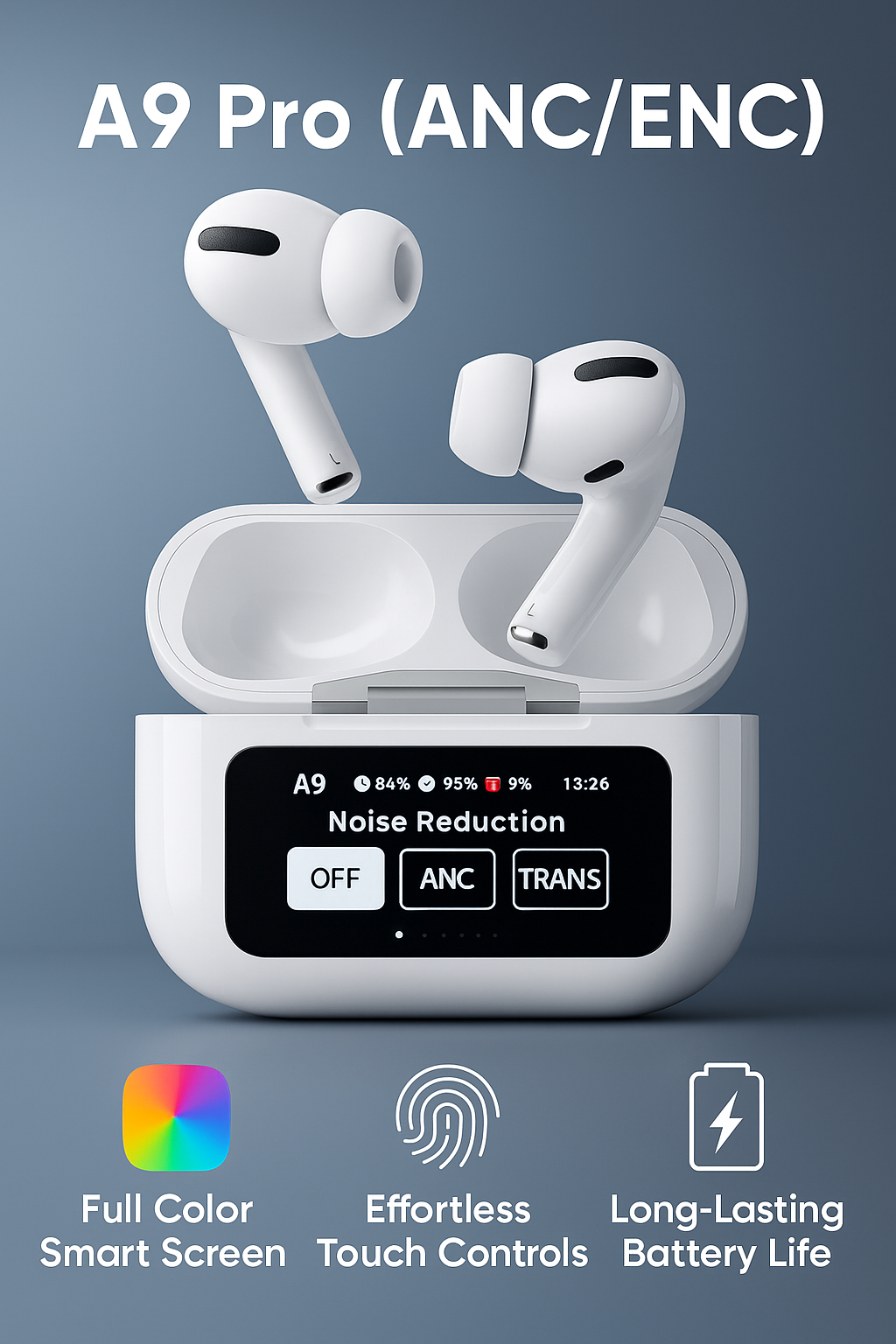 A9 Pro Airpods Wireless Earbuds with Touchscreen | Bluetooth 5.4 | ANC/ENC Noise Cancellation | 36H Battery | IPX5 Waterproof