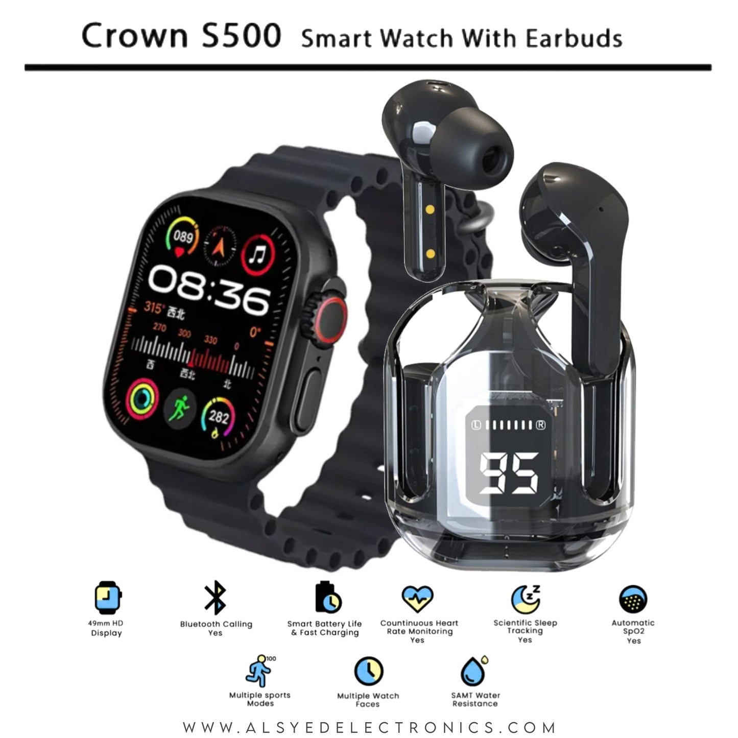Crown S500 Smart Watch with Wireless Earbuds | HD Display, 7 Straps - Long Battery | 100% Original