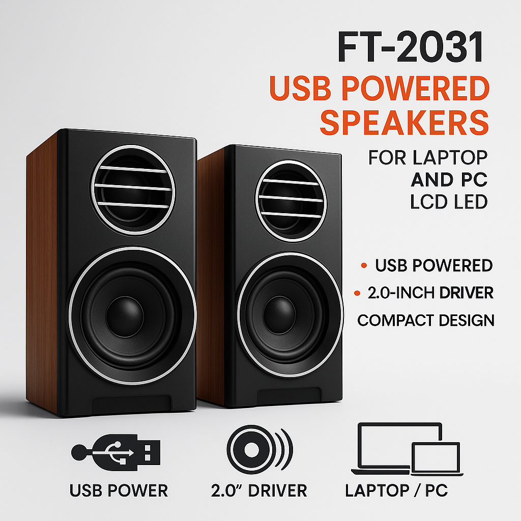 FT-2031 multimedia speakers in use with a laptop setup, highlighting compact size, clear audio, and USB-powered convenience during load shedding.