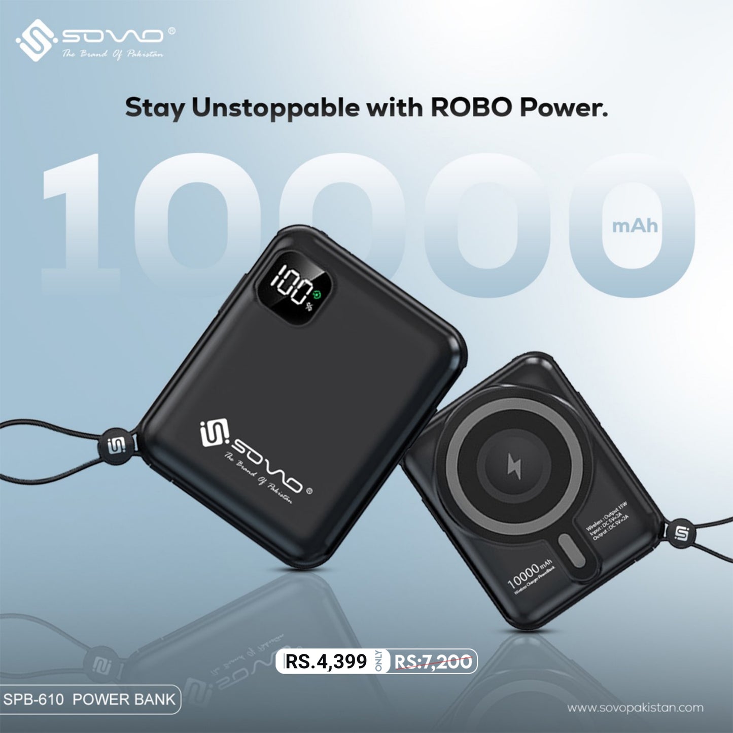 Sovo Robo SPB-610 Wireless Power Bank 10000mAh – 22.5W Fast Charging with LED Display & 1-Year Warranty