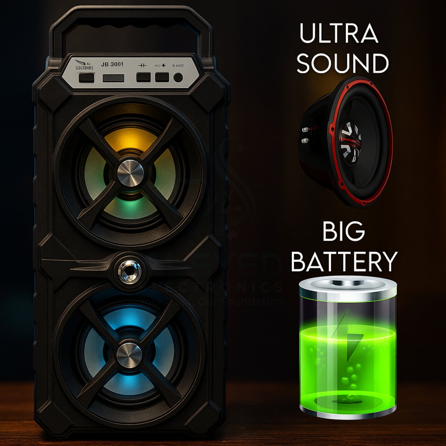 JB-3001 Portable Bluetooth Party Speaker – Dual Drivers, RGB Lights, FM/USB/TF/AUX, 5V Rechargeable Battery