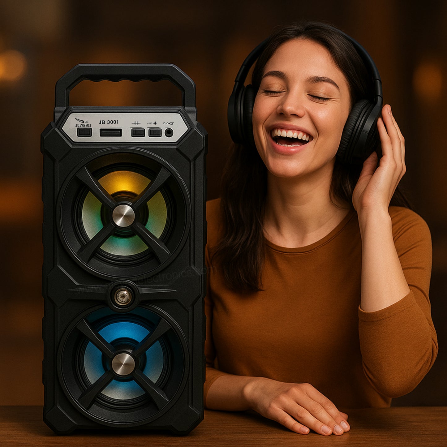 JB-3001 Portable Bluetooth Party Speaker – Dual Drivers, RGB Lights, FM/USB/TF/AUX, 5V Rechargeable Battery
