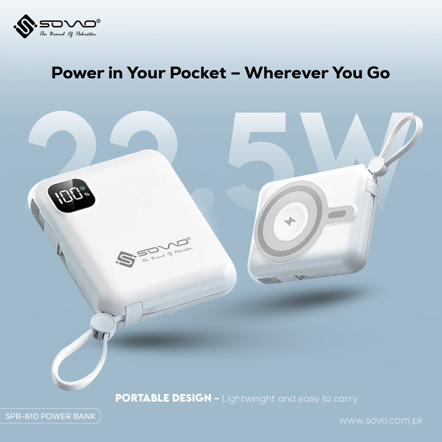 Sovo Robo SPB-610 Wireless Power Bank 10000mAh – 22.5W Fast Charging with LED Display & 1-Year Warranty