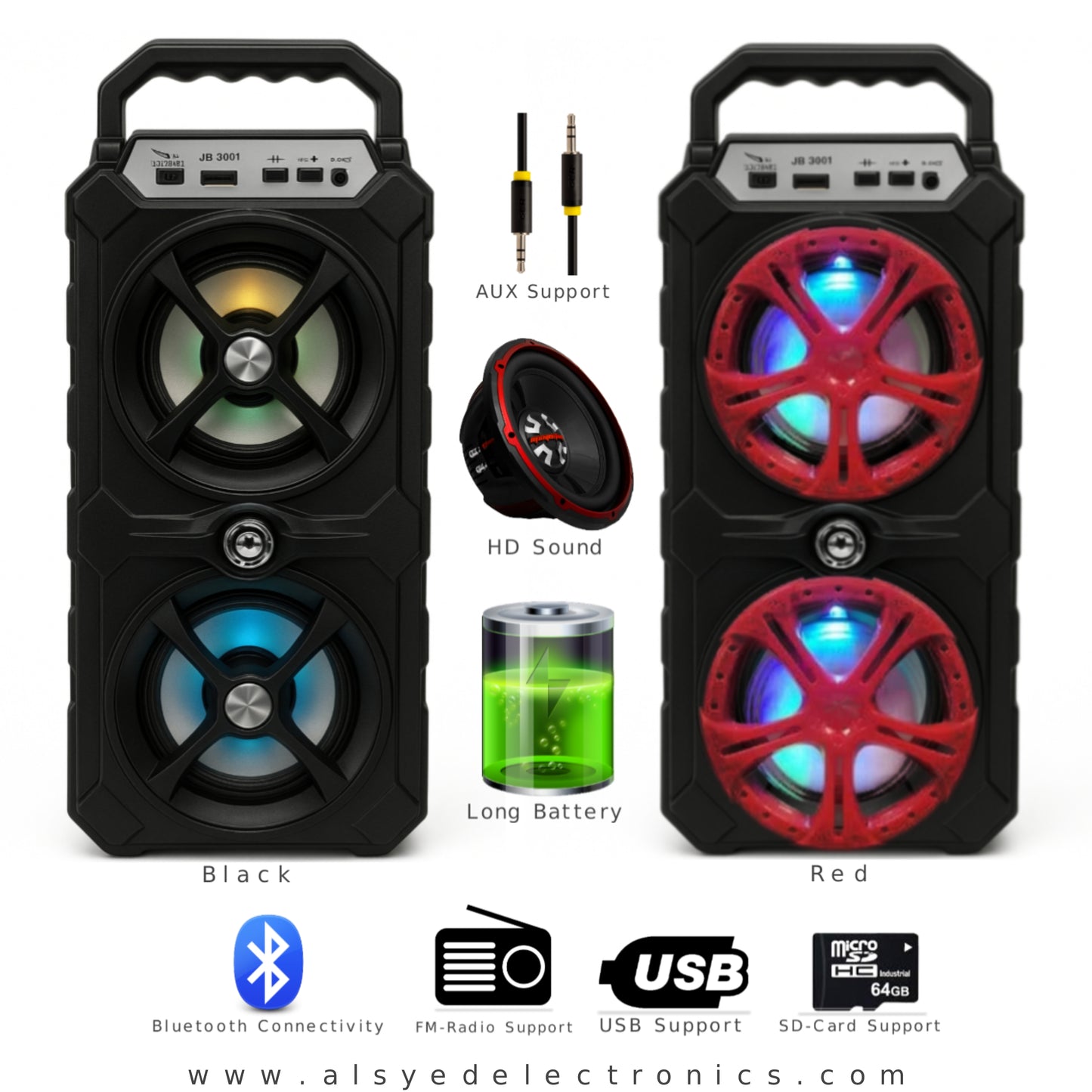 JB-3001 Portable Bluetooth Party Speaker – Dual Drivers, RGB Lights, FM/USB/TF/AUX, 5V Rechargeable Battery