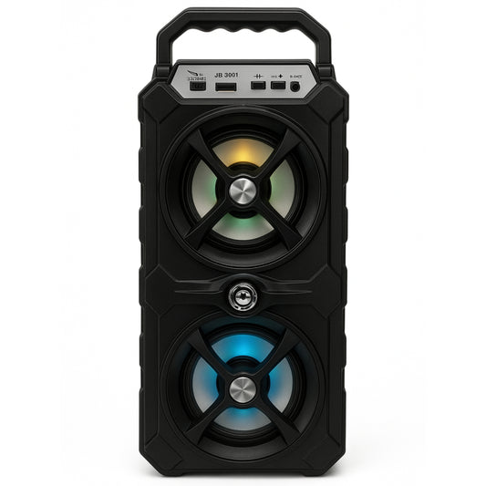 JB-3001 Portable Bluetooth Party Speaker – Dual Drivers, RGB Lights, FM/USB/TF/AUX, 5V Rechargeable Battery