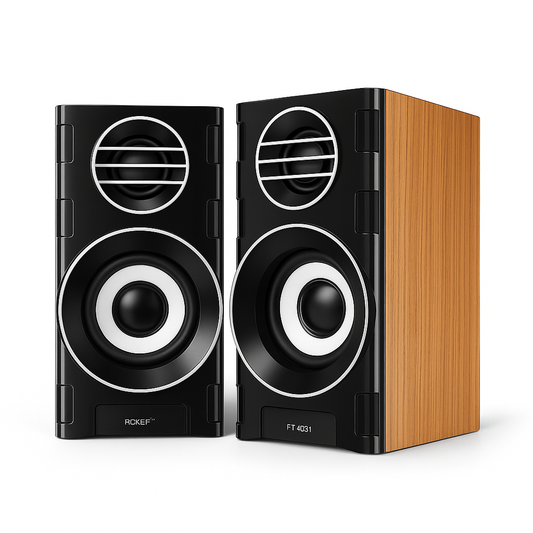 Realistic 3D black FT-2031 USB-powered speakers with 2-inch driver unit and rainbow LED lights, designed for clear sound and deep bass.