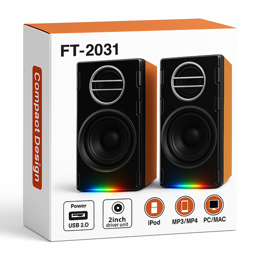 FT-2031 Portable Multimedia Speakers retail box with compact design, RGB lighting, and USB 2.0 power input — perfect for mobile and laptop use.