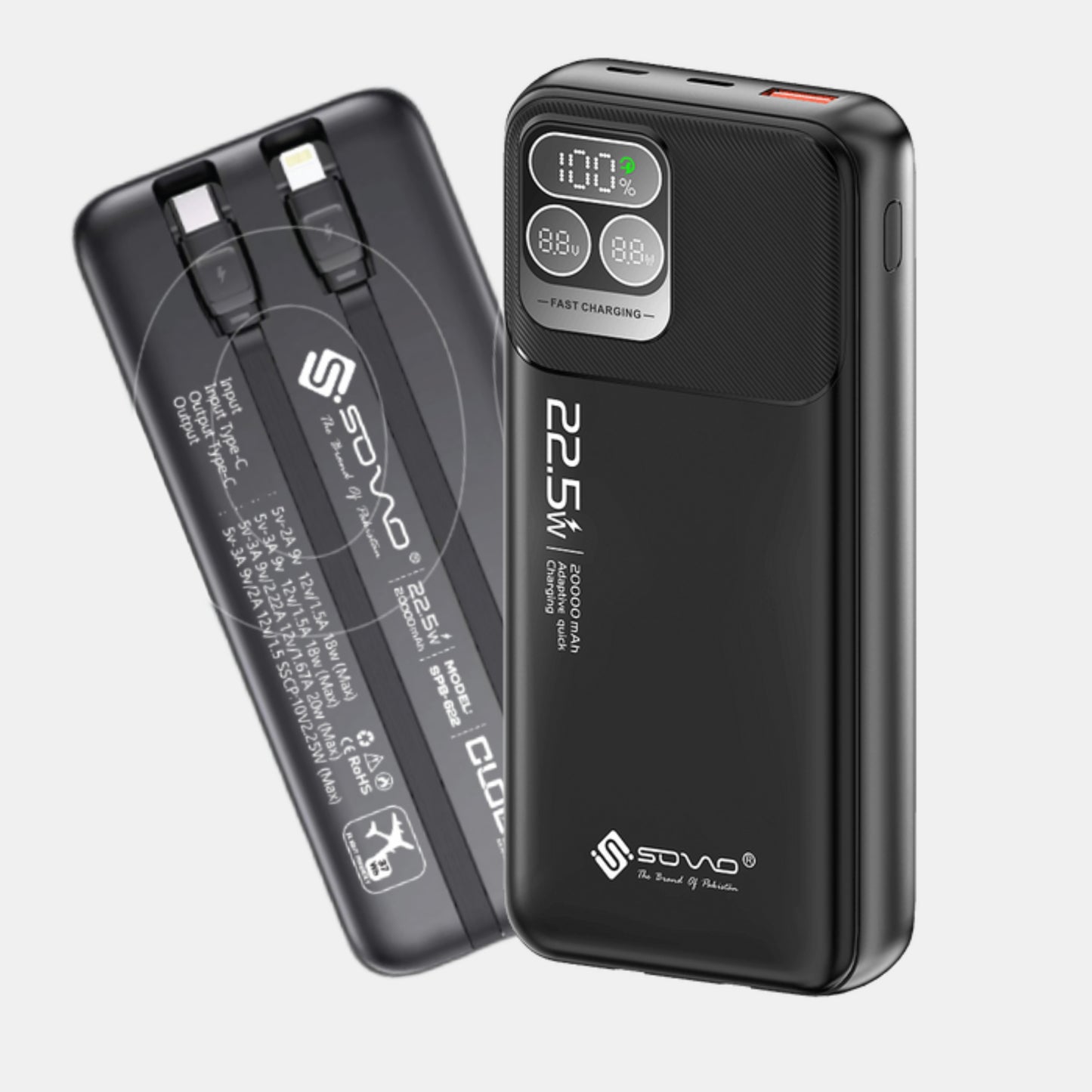 SOVO SPB-622 20,000mAh Power Bank – 22.5W Fast Charging | Built-in Cables | 100% Original + 1-Year Warranty