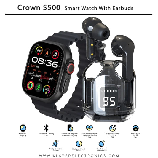 Crown S500 Smart Watch with Wireless Earbuds | HD Display, 7 Straps - Long Battery | 100% Original