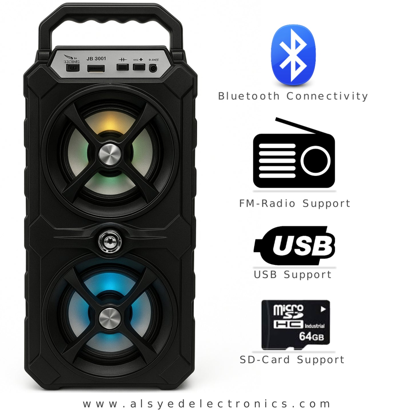 JB-3001 Portable Bluetooth Party Speaker – Dual Drivers, RGB Lights, FM/USB/TF/AUX, 5V Rechargeable Battery