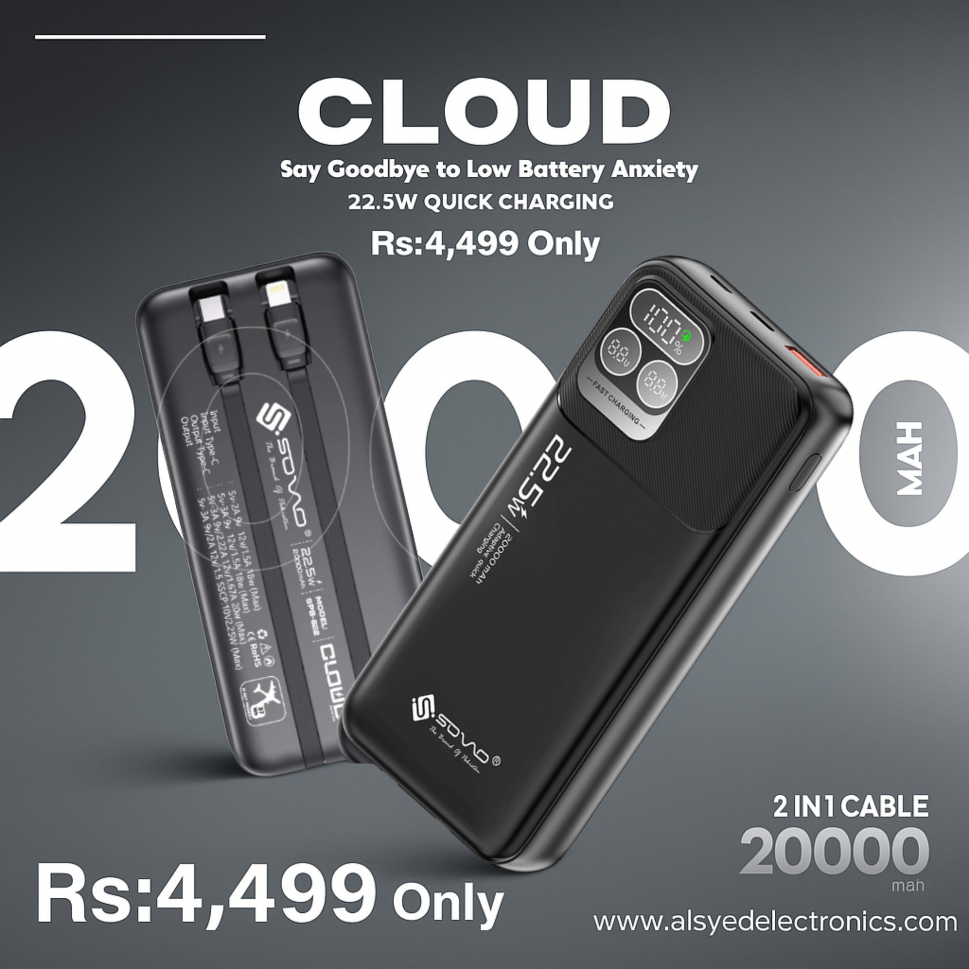 SOVO SPB-622 20,000mAh Power Bank – 22.5W Fast Charging – Built-in Cables – 100% Original + 1-Year Warranty 