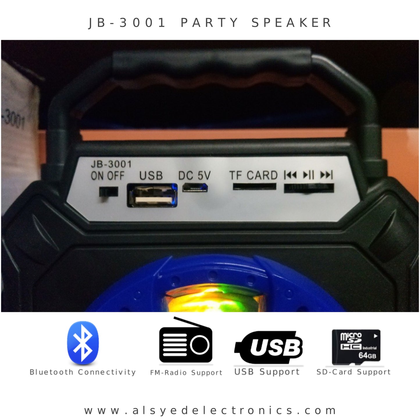 JB-3001 Portable Bluetooth Party Speaker – Dual Drivers, RGB Lights, FM/USB/TF/AUX, 5V Rechargeable Battery