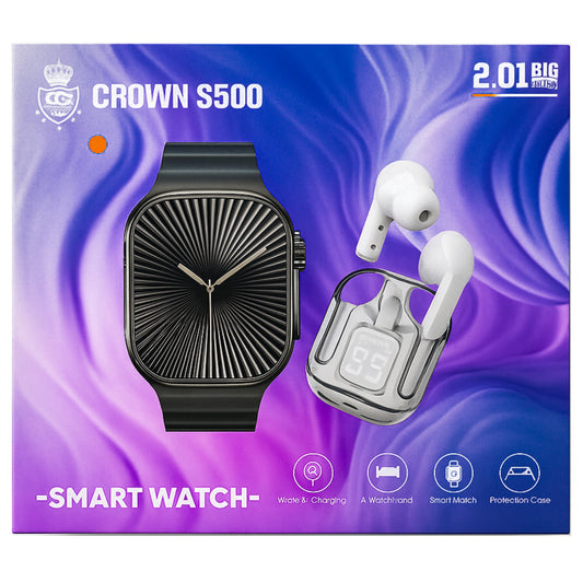 Crown S500 Smart Watch with Wireless Earbuds | HD Display, 7 Straps - Long Battery | 100% Original