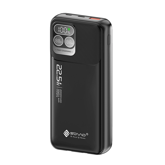 The SOVO SPB‑622 Cloud Series Power Bank offers a high-capacity 20,000 mAh lithium‑ion battery with 22.5 W fast charging to keep your devices powered throughout the day.