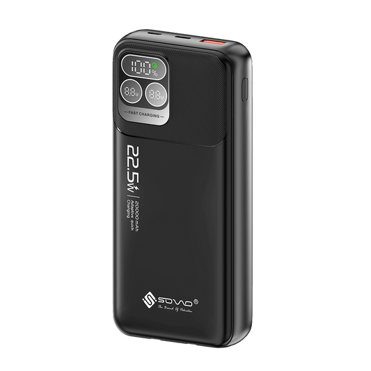 The SOVO SPB‑622 Cloud Series Power Bank offers a high-capacity 20,000 mAh lithium‑ion battery with 22.5 W fast charging to keep your devices powered throughout the day.
